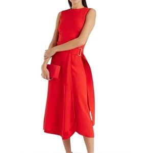 Victoria Beckham Red Crepe Midi Dress with Buckle